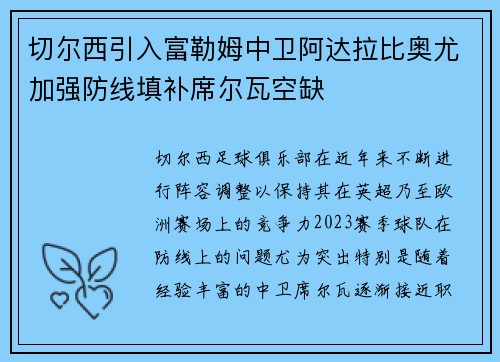 切尔西引入富勒姆中卫阿达拉比奥尤加强防线填补席尔瓦空缺 切尔西引入富勒姆中卫阿达拉比奥尤加强防线填补席尔瓦空缺